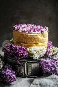 Feather light cake with lilac infused creme patissiere and lemon curd